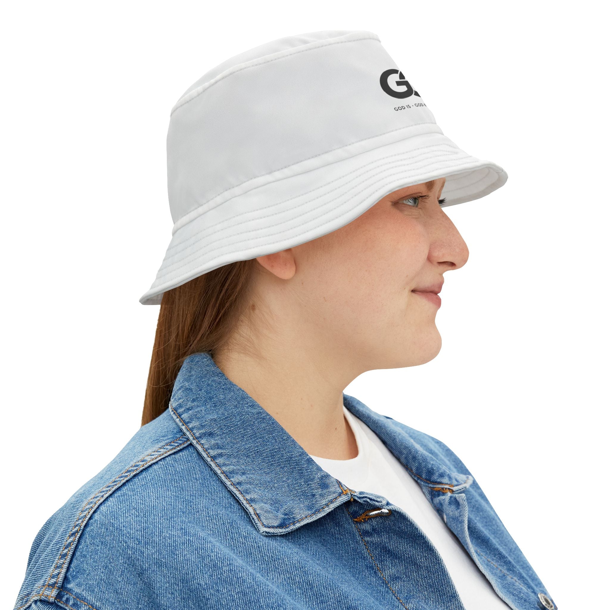 GGG Logo Bucket Hat — "God Is, God Knows, God Cares" White Casual Sun Hat