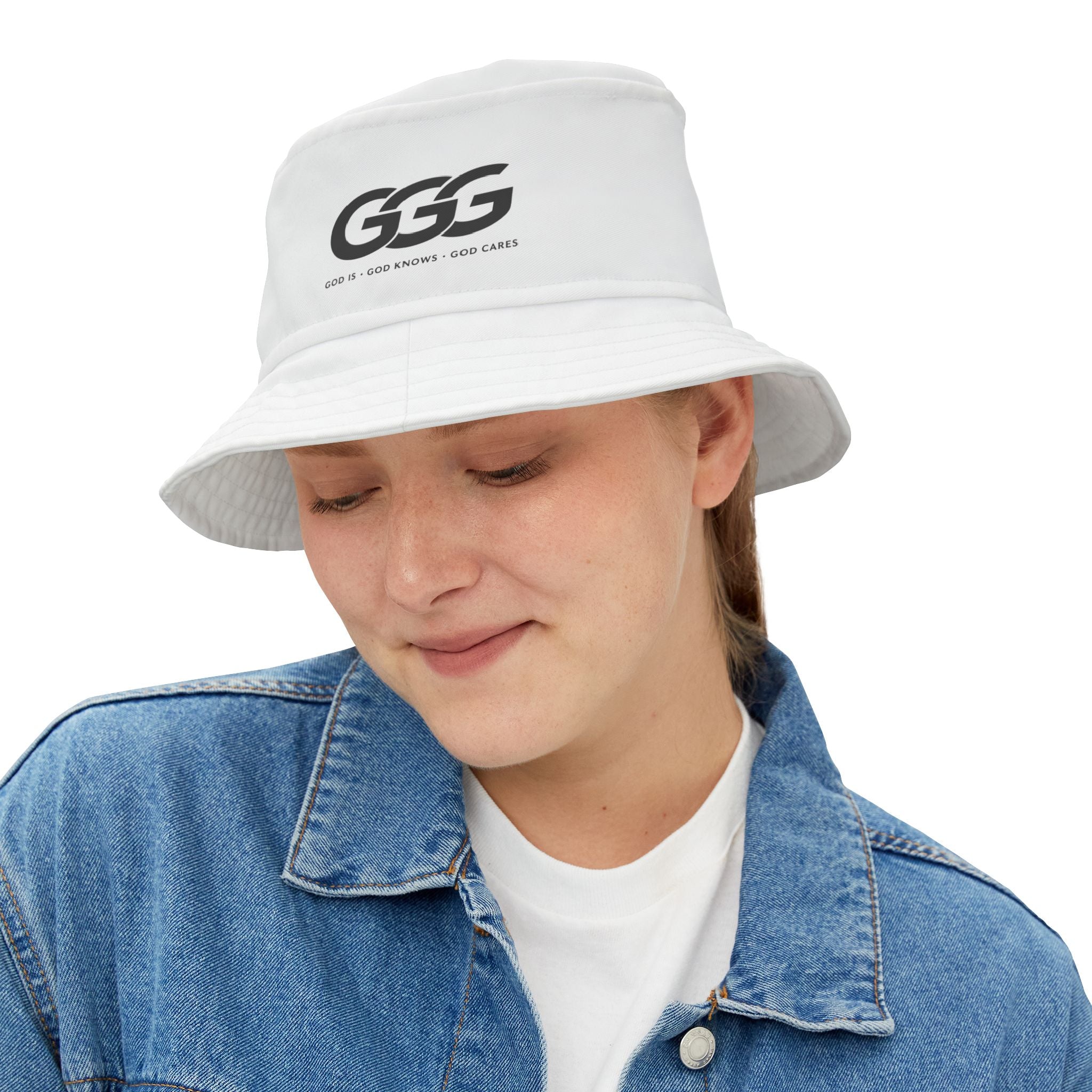 GGG Logo Bucket Hat — "God Is, God Knows, God Cares" White Casual Sun Hat