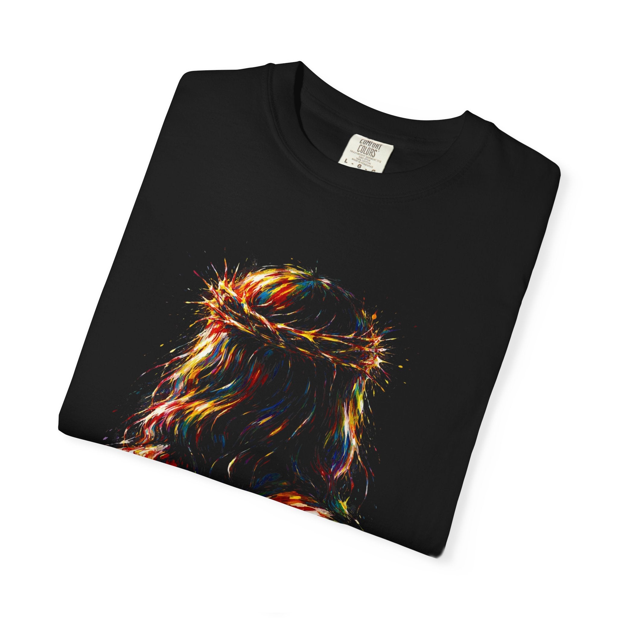 Jesus Crown of Thorns Colorful Portrait T-Shirt — Vibrant Draped Christ Art Tee
