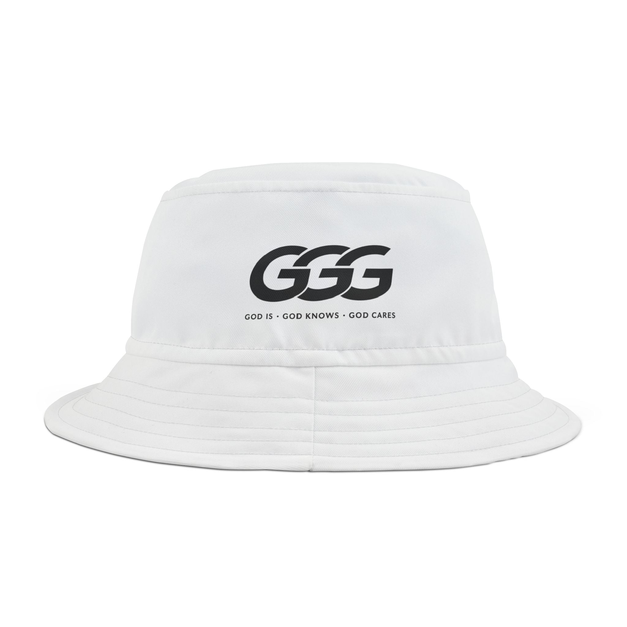 GGG Logo Bucket Hat — "God Is, God Knows, God Cares" White Casual Sun Hat